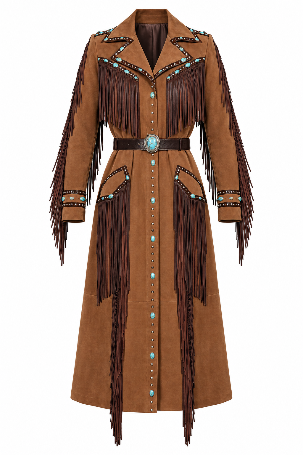 Trench Coat com Franjas Aplic.Pedras e Rebites Cinto Fivela Revestida